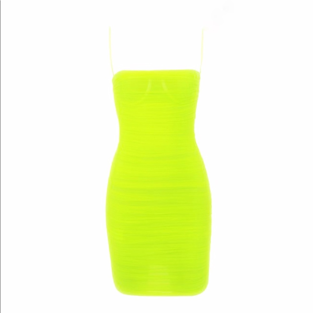 Neón Green Mesh Cover Up Sexy Bodycon Mini Dress - Picture 2 of 4